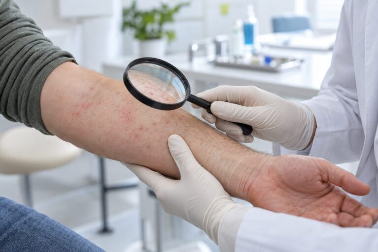 Dermatolog ogląda zmiany na skórze przedramienia